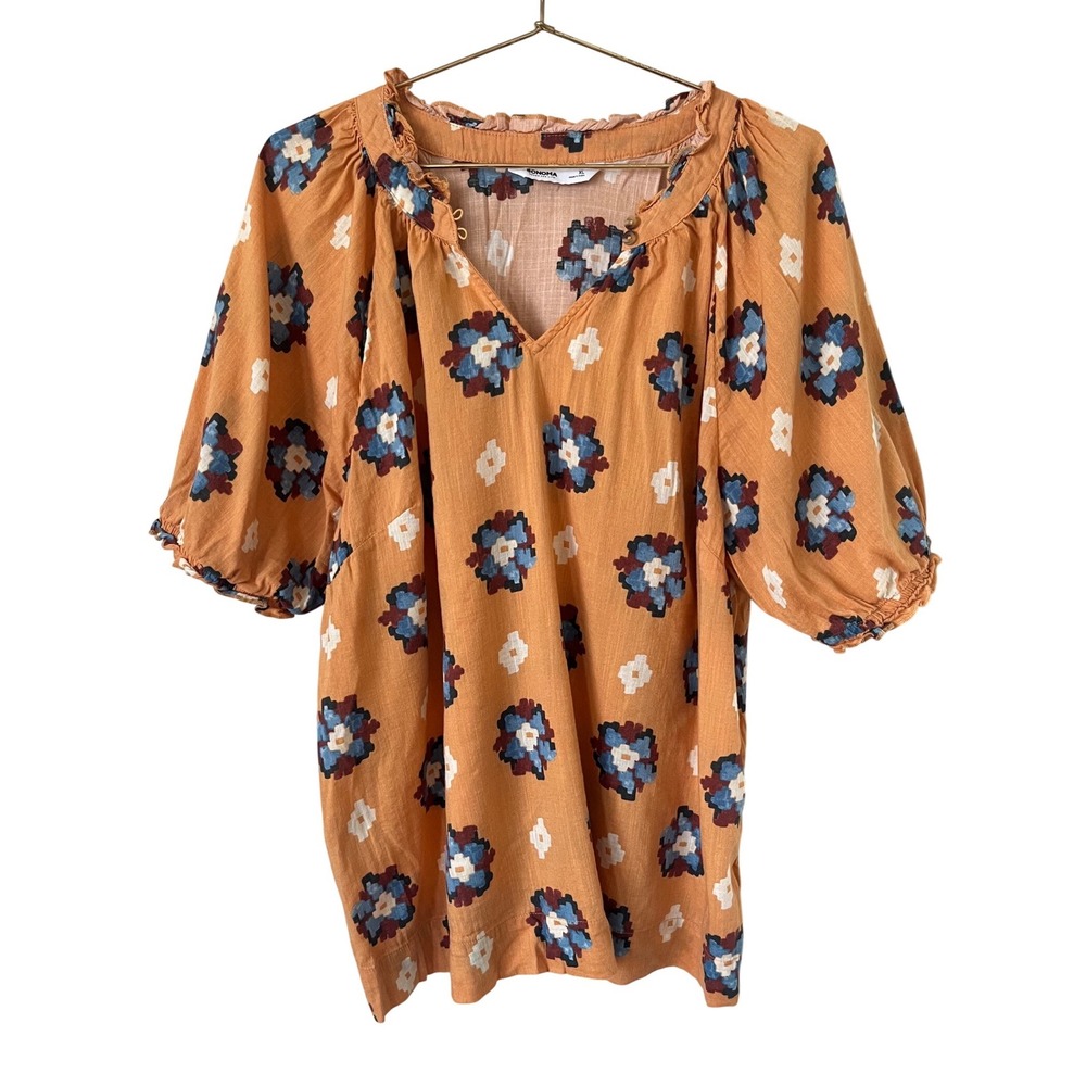 Sonoma yellow spring Floral Puff Sleeve Cottagecore Summer blouse size XL